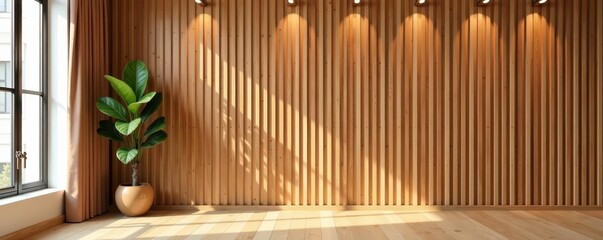 Wooden batten wall creating a modern geometric pattern in interior design, background, battens