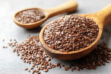 Flax seeds in wooden spoons on a gray surface