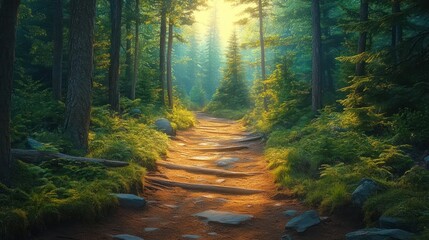 Obraz premium Sunlit path through a misty forest
