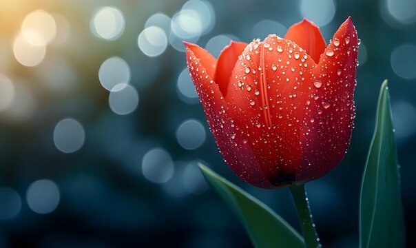 Red tulip with water drops in macro view symbolizing World Parkinson's Day, hope, neural care, and global health awareness
