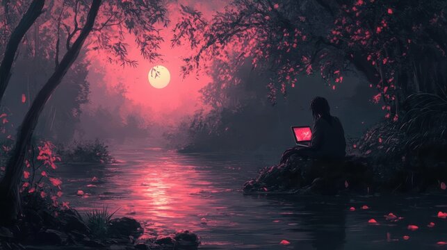 A solitary figure sits by a river at dusk, surrounded by a mystical forest, using a laptop