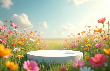 White podium stands on beautiful wildflowers background. Empty dais for product presentation, advertising, cosmetic showcase. Floral spring nature scene with copy space for advertisement. Sky