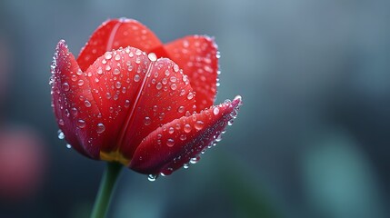 Macro image of red tulip with dew drops representing hope and awareness for Parkinson’s disease, against abstract neural science background
