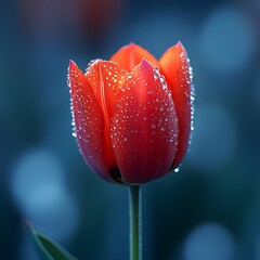 Macro image of red tulip with dew drops representing hope and awareness for Parkinson’s disease, against abstract neural science background
