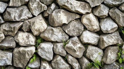 Fototapeta premium A wall made of gray rocks with some green plants growing between them.