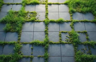Square gray stone tile pavement with green grass, moss growing between. Eco-friendly city design. Sustainable urban planning. Eco parking zone. Innovative eco-friendly architecture, green living,