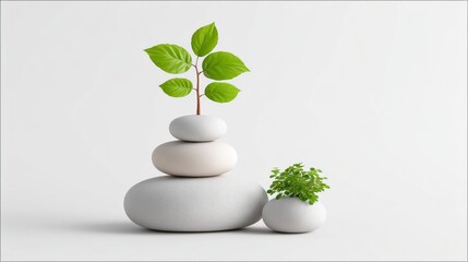 Stacked stones in balance with a small green plant sprouting