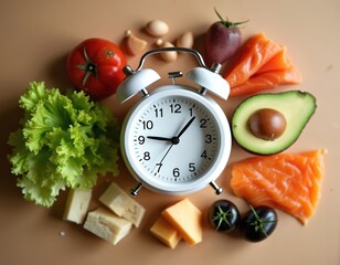 Intermittent fasting, keto diet ingredients, weight loss concept. Clock, salmon, avocado, cheese, tomato, eggs, lettuce, black tomatoes. Nourishing meal, healthy food for slimming, low carb eating.
