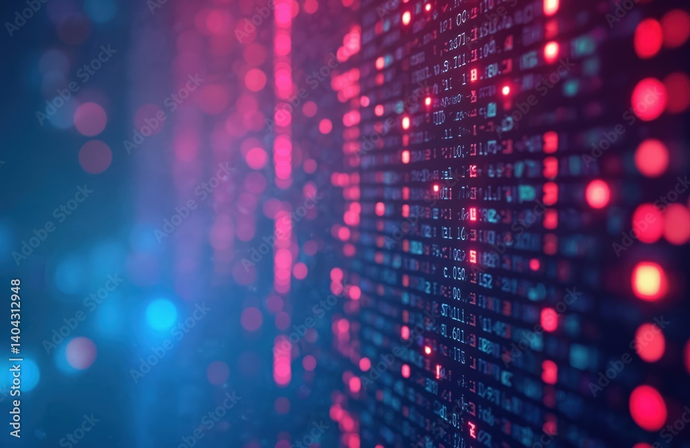 Aufkleber Digital data stream visualization. Abstract background with blue and red bokeh lights and data code. Modern design for tech and IT projects. Ideal for website design illustration.