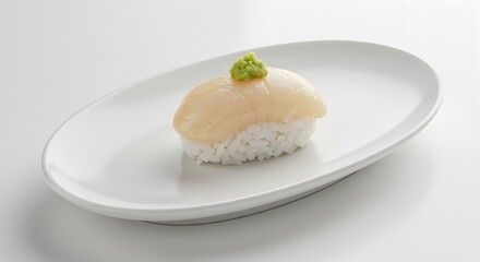 Scallop nigiri, buttery texture, wasabi topping, oval plate, delicate nature, pristine presentation.