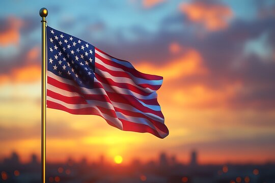 United States flag waving against vibrant sunset sky; American flag on flagpole outdoor - Powered by Adobe