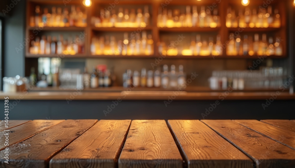 Poster Wooden bar counter with blurred background of bottles. Advertising space product placement. Empty table top for restaurant cafe pub concept design decor. Blank surface for drinks display.