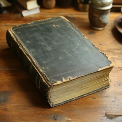 Antique, heavy book on wooden surface