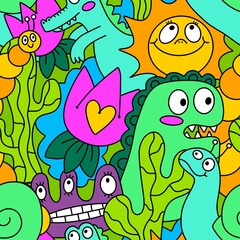 Cartoon doodle animals seamless monsters pattern for kids clothes print and wrapping paper and fabrics