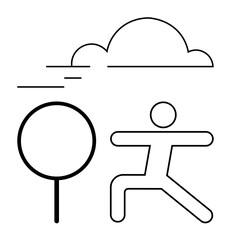 Person striking a wide pose outdoors with a tree and cloud, simple line design. Ideal for wellness, fitness, mindfulness, nature, simplicity, balance vitality. Flat simple metaphor