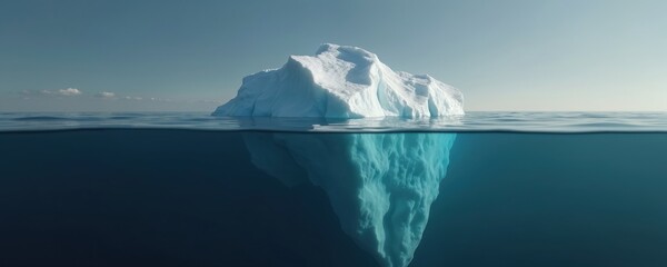 Natural light iceberg in the ocean. Clear blue sky, ample space for text. Concept of climate change, global warming, risk management, business strategy, data visualisation, risks, dangers, fragility.