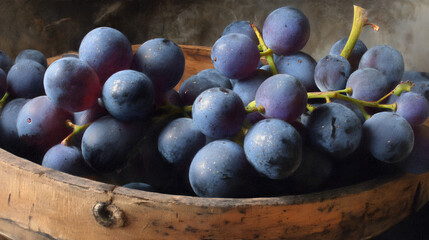 Fototapeta premium Lush Close-Up of Fresh Concor Grapes in Wooden Bowl Highlighting Natural Beauty and Vibrant Colors