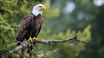 Obraz premium Majestic bald eagle perched on a branch of a pine tree in a natural habitat.