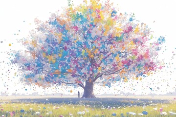 Obraz premium Colorful tree blossoms in field; person stands observing