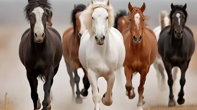 horses running together in a herd across a field,