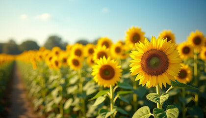 Obraz premium Vibrant Sunflower Field Under a Clear Blue Sky