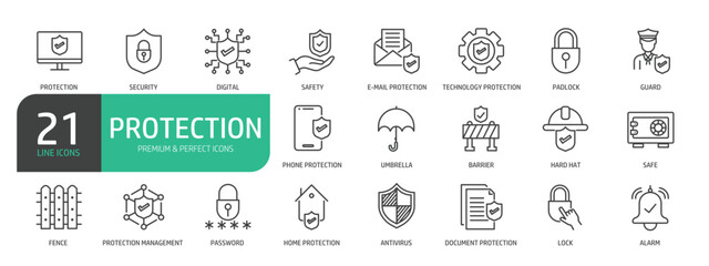 Set Of Protection Line Icons. Contains such icons as Security, Safety, Guard, Barrier, Technology Protection, Password, Antivirus,  and more.
