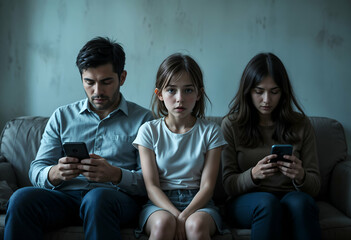 Family on Couch with Phones.