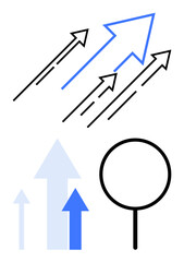 Arrows pointing upward imply growth and progress, magnifier emphasizes analysis and focus. Ideal for achievement, data analysis, growth, leadership, success, vision, and teamwork flat simple