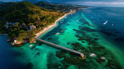 Tropical Paradise Aerial View – Turquoise Waters and Wooden Bridge in Cebu, Philippines