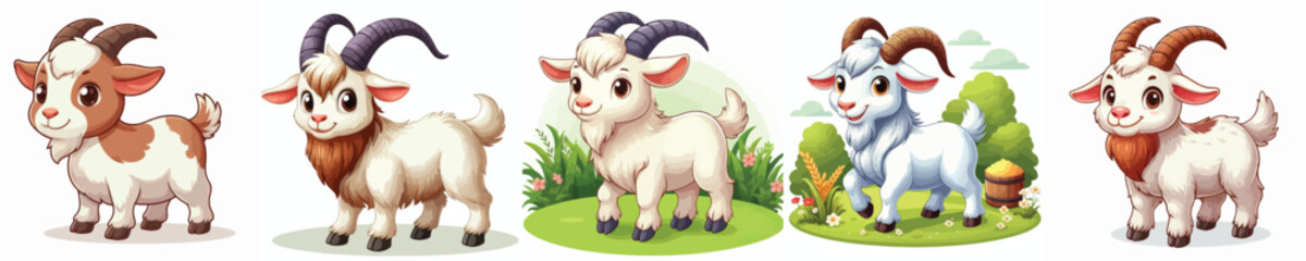 Collection of cartoon style goat animal images with white background