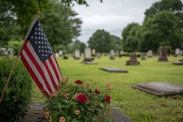 American Flag and Flowers at Cemetery, Headstones and Green Grass in Background
