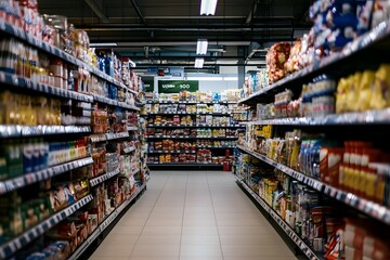 Fototapeta premium Supermarket aisle with shelves stocked with various food products and other goods.