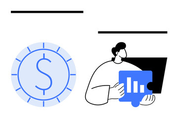 Business professional holds puzzle chart with bar graph beside large coin icon. Ideal for finance, strategy, teamwork, data visualization, growth, planning, and innovation concepts. Flat simple
