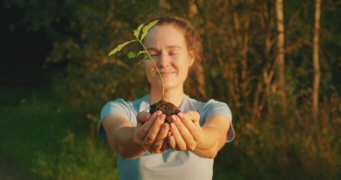 Smiling woman holds oak tree sapling proudly in sunlit clearing surrounded by trees outdoors
