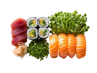 Elegant presentation of traditional sushi platter featuring sushi rolls and sashimi on a decorative plate isolated on a white background.