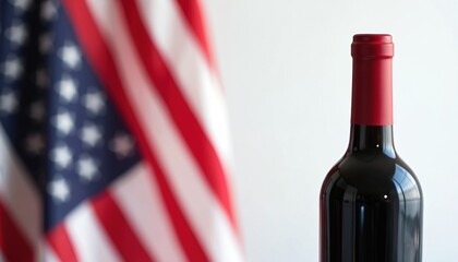 Red wine bottle on US flag background. American red wine concept. Patriotic drink. Celebration. Independence day. California winery. USA. Alcohol beverage for any occasion.