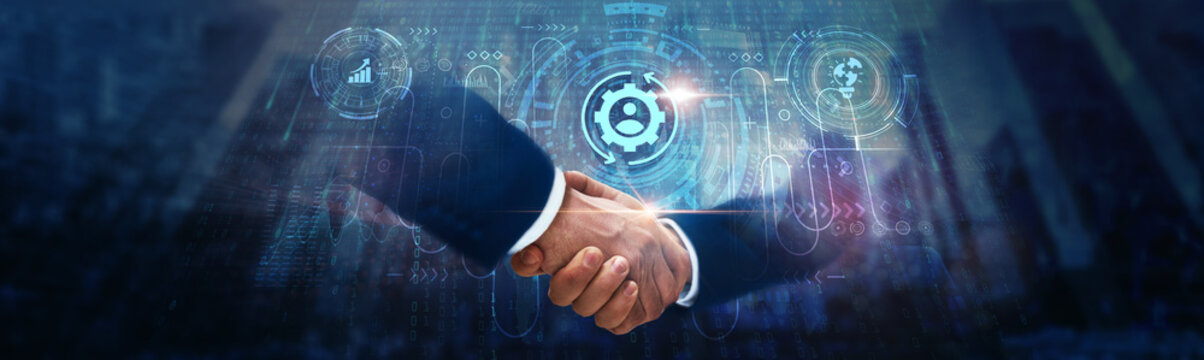 Change Management: Businessman handshake on digital interface and strategic planning for global network. Process optimization, organizational transformation, stakeholder engagement.