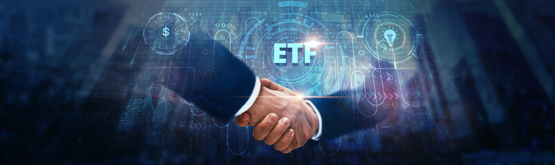 ETF: Businessman handshake on digital interface and secure trading on global network. Investment strategies, asset allocation, market diversification, and risk management.