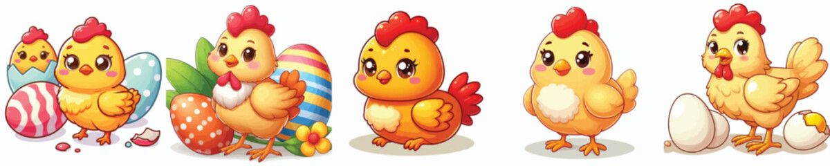 Collection of cartoon style chicken animal images with white background