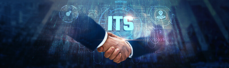 ITS (Intelligent Transportation Systems): Businessman handshake on digital interface and optimizing traffic flow, smart signaling, real-time data, vehicle tracking, global network.