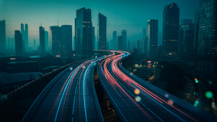 Obraz premium Long Exposure Highway Light Trails with Urban Skyline