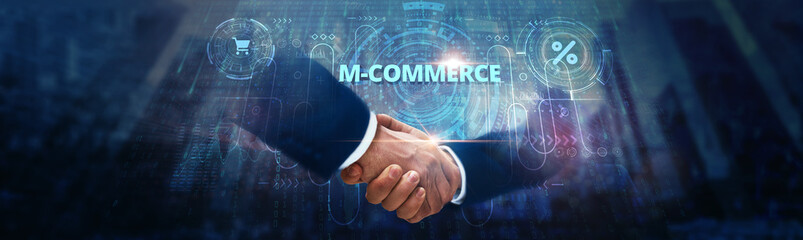 Mobile Commerce (M-Commerce): Businessman handshake on digital interface and secure transactions on global network. Mobile payments, app-based shopping, e-wallet integration, and customer experience.