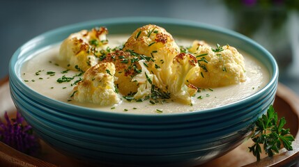Creamy Cauliflower Soup with Roasted Cauliflower Florets and Fresh Herbs Garnish