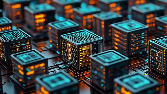 Array of glowing tech cubes, a modern geometric design with circuits and bright lights