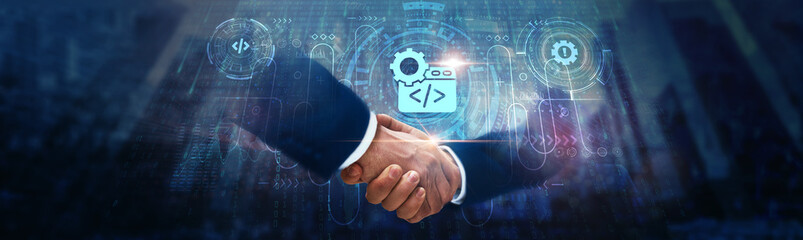 Software Development: Businessman handshake on digital interface and collaboration through global network, coding practices, agile methodology, version control, and application deployment.