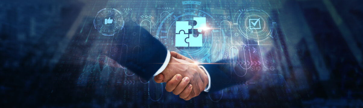 Solutions: Businessman handshake on digital interface and seamless integration on global network. Automation, data analysis, cloud computing, customized services.