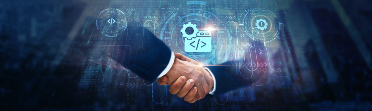 Software Development: Businessman handshake on digital interface and collaboration through global network, coding practices, agile methodology, version control, and application deployment.