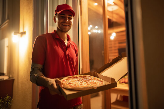 Smiling pizza delivery man in red uniform holding an open pizza box at a doorway.