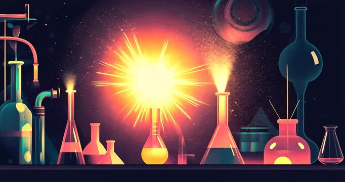 Colorful laboratory scene with glowing beakers and flasks, showcasing a chemical reaction