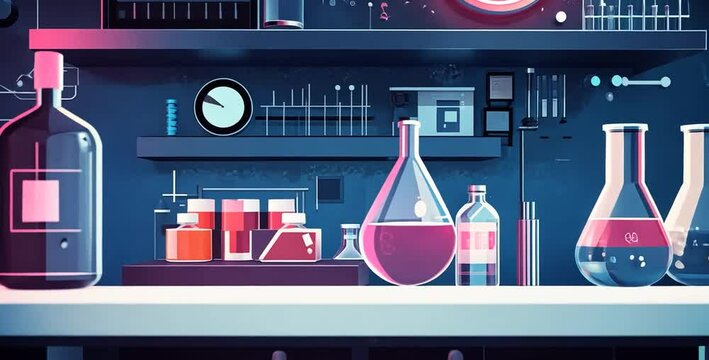 Colorful laboratory scene with various glassware, scientific instruments, and glowing elements